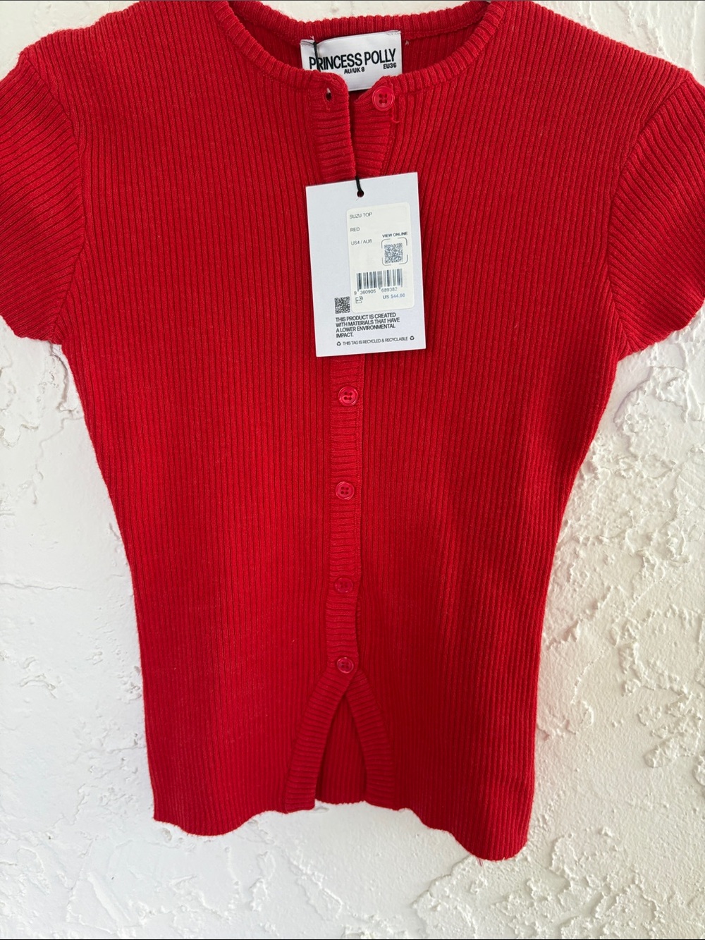 Princess Polly Red Ribbed Button-Up Tee